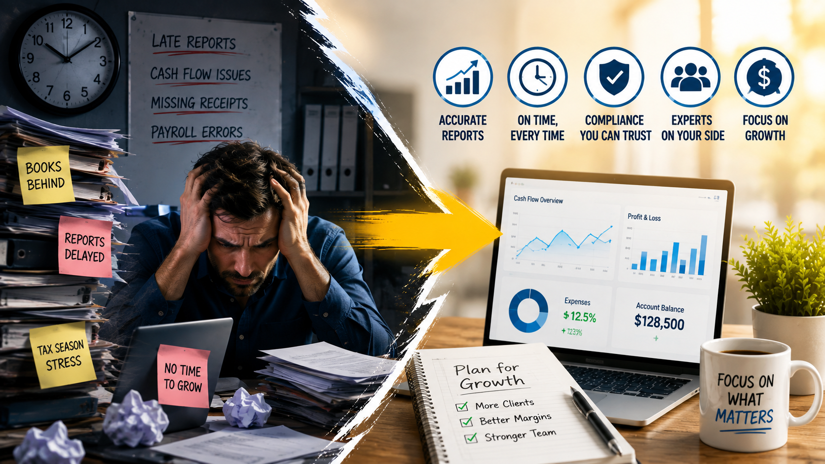 Business owner reviewing financial reports and considering outsourced accounting